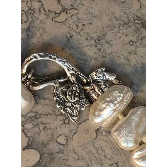 Biwa Pearl Necklace Sterling Silver Leaf & Vine Toggle Clasp 18" - Picture 5 of 12